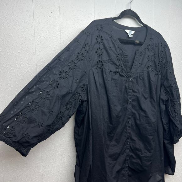 Croft & Barrow Top Women 3X 100% Cotton Eyelet Button Front Breathable Dark Boho - Picture 5 of 14